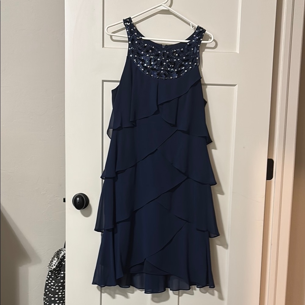 Navy Blue Layered Dress with Beaded Neckline